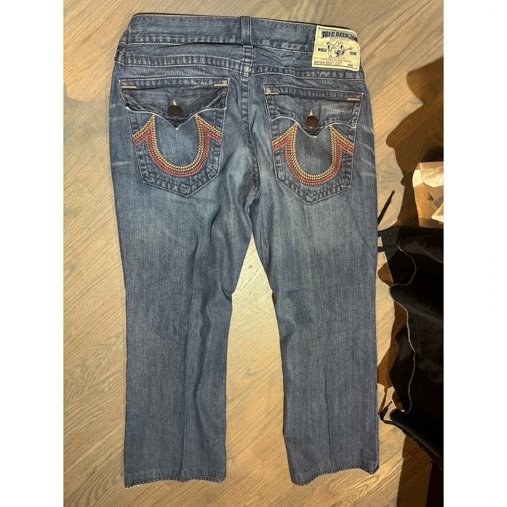 True Religion Men's  Embroidered Distressed Joey Super T Blue Denim JeansSz38x30